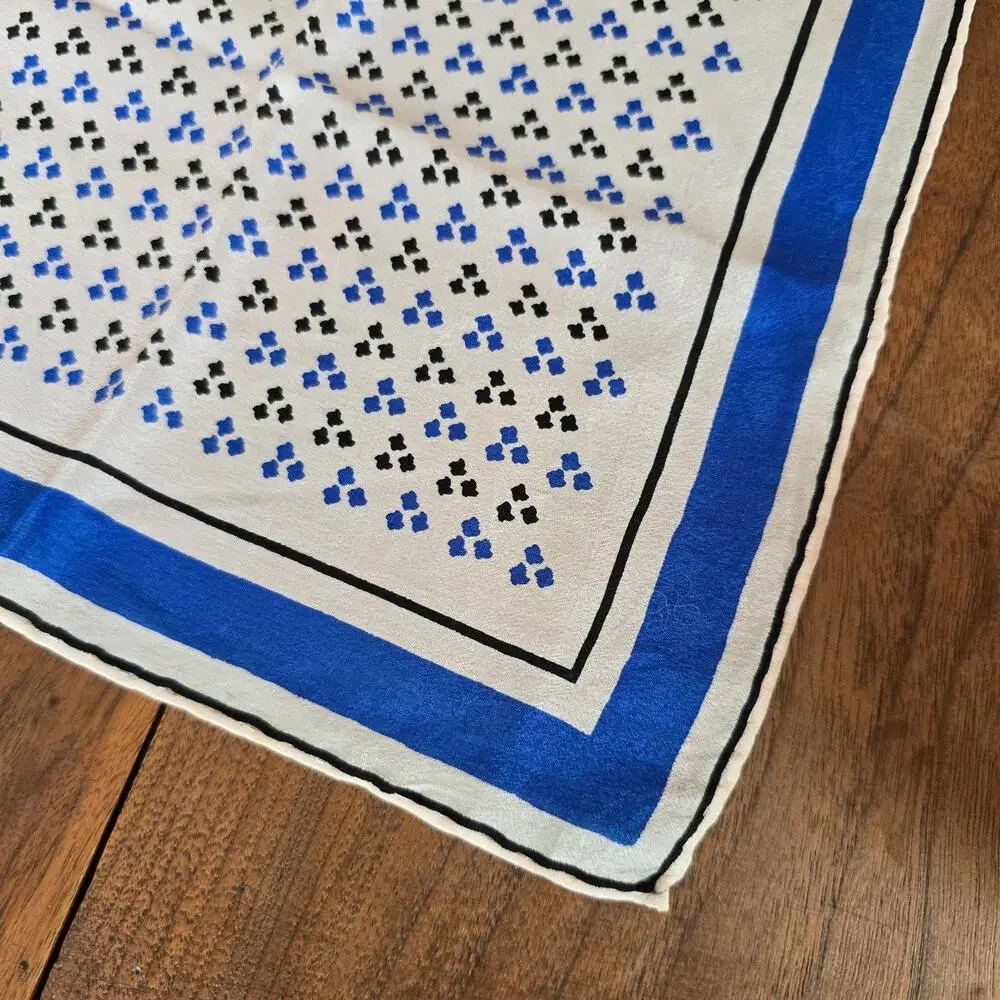 Vintage Silk Scarf Square Blue Black Birdseye Print Classic 70s Preppy Timeless